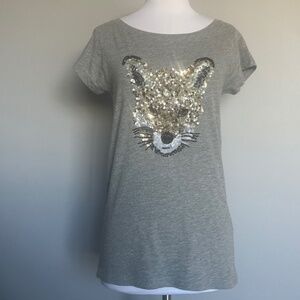 French Connection Embellished Sequin Beaded Gray Fox Cotton T-shirt Tee Top S